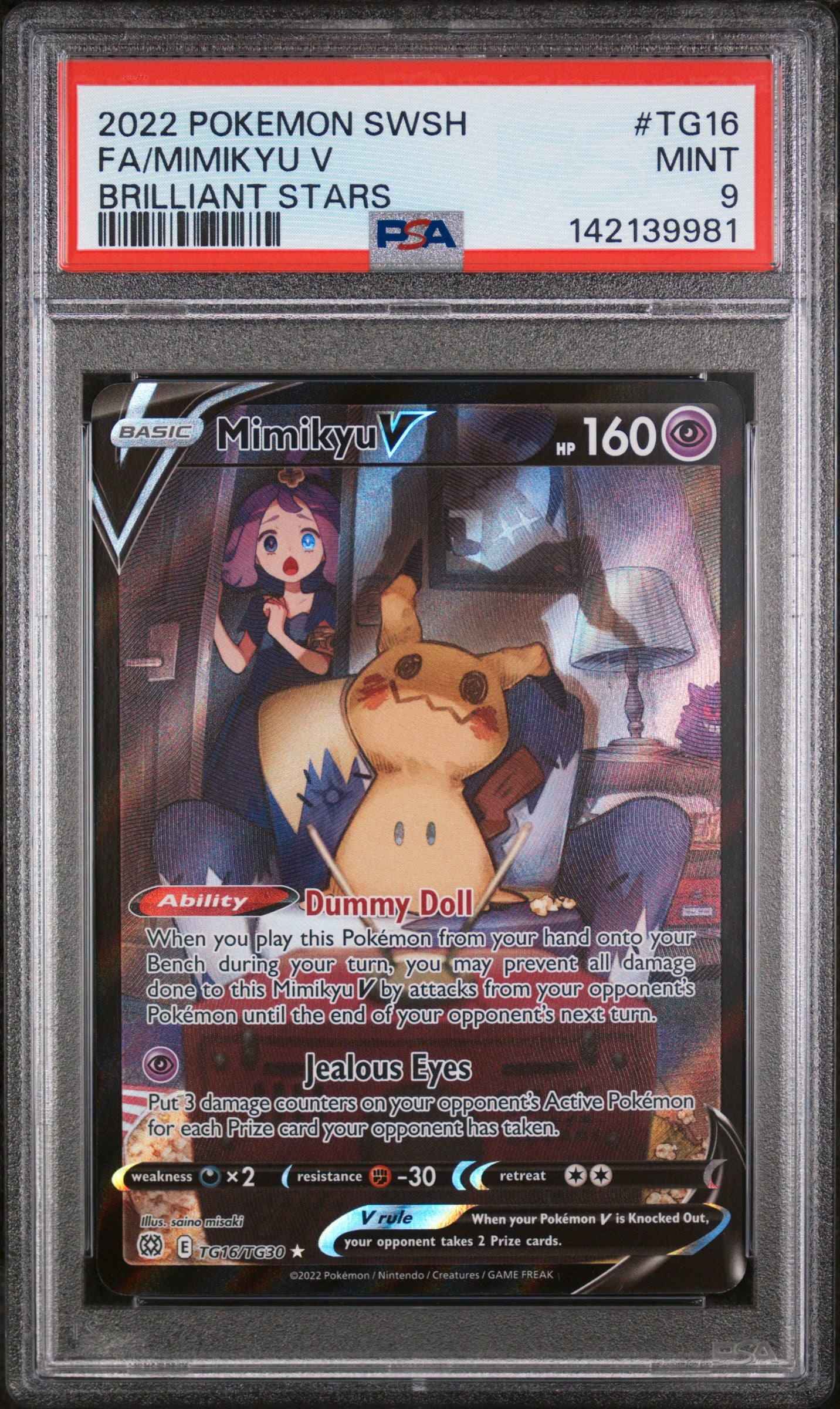 2022 Pokemon Sword & Shield Brilliant Stars Full Art / Mimikyu V #TG16 PSA 9