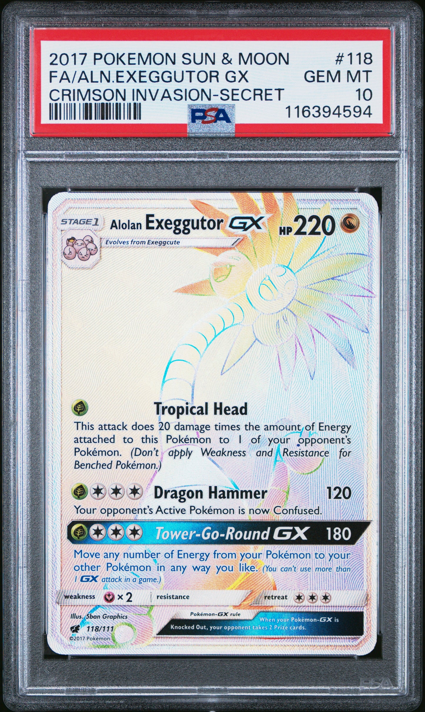 2017 Pokemon Sun & Moon Crimson Invasion Fa/aln.exeggutor Gx Crimson Invasion-Secret #118 PSA 10