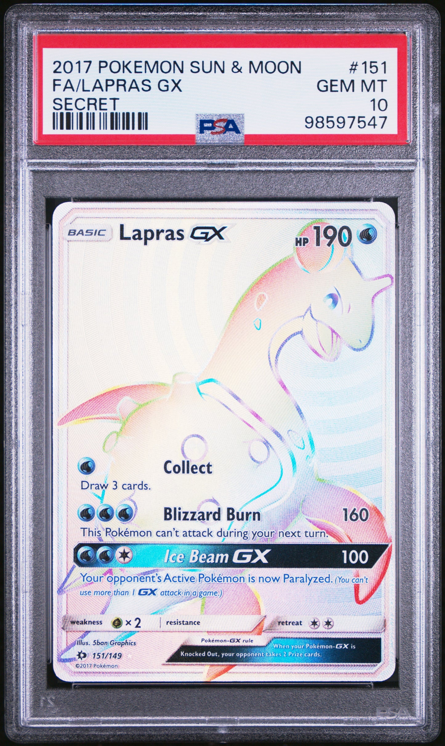 2017 Pokemon Sun & Moon Fa/lapras Gx Secret #151 PSA 10