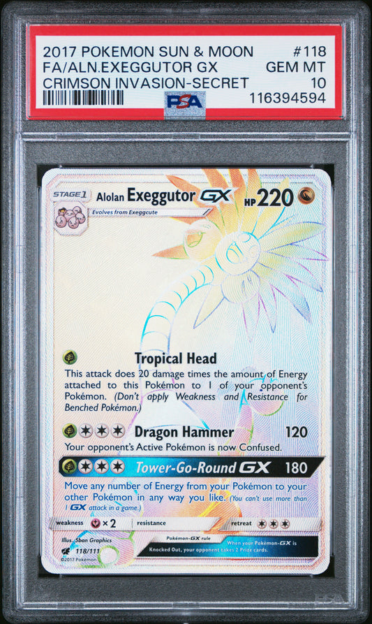 2017 Pokemon Sun & Moon Crimson Invasion Fa/aln.exeggutor Gx Crimson Invasion-Secret #118 PSA 10